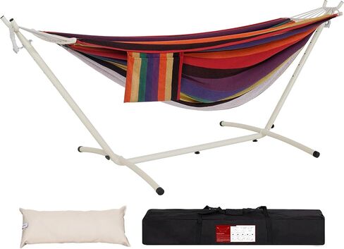 أرجوحة Lazy Daze Hammocks المزدوجة مع حامل فولاذي موفر للمساحة بطول 9 أقدام يتضمن حقيبة حمل محمولة بسعة 450 رطلًا (رمادي فاتح) in Kuwait