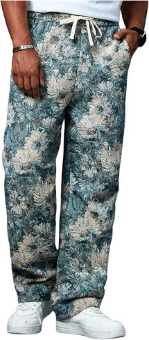 Floerns Men's Drawstring Waist Floral Jacquard Straight Leg Boho Pants in Saudi Arabia
