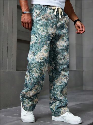 Floerns Men's Drawstring Waist Floral Jacquard Straight Leg Boho Pants in Saudi Arabia