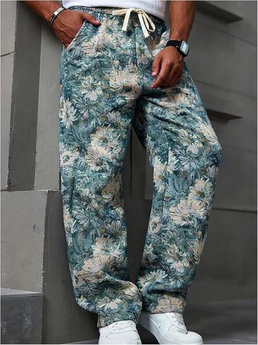 Floerns Men's Drawstring Waist Floral Jacquard Straight Leg Boho Pants in Saudi Arabia
