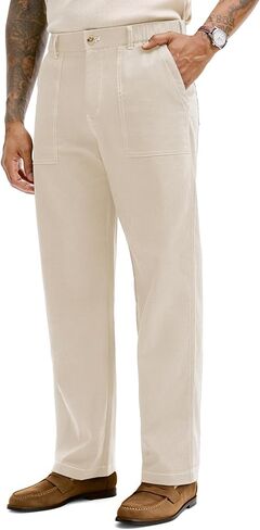 HOTake Men's Casual Cotton Linen Pants Relaxed Fit Flat Front Expandable Waist Trousers in Kuwait