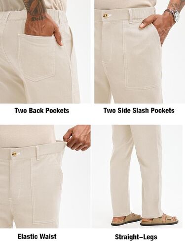 HOTake Men's Casual Cotton Linen Pants Relaxed Fit Flat Front Expandable Waist Trousers in Kuwait