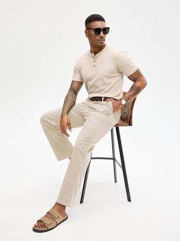 HOTake Men's Casual Cotton Linen Pants Relaxed Fit Flat Front Expandable Waist Trousers in Kuwait