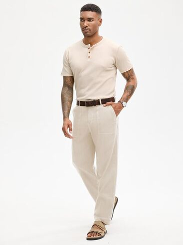 HOTake Men's Casual Cotton Linen Pants Relaxed Fit Flat Front Expandable Waist Trousers in Kuwait