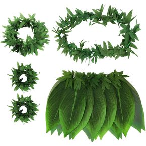 Semato 5 Pcs Hawaiian Leaf Skirt Set for Luau Party Garland Leis Headband Bracelets Halloween Costume Hawaiian Party Supplies in Saudi Arabia
