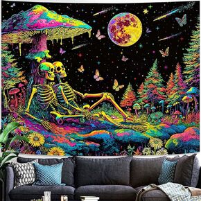 Blacklight الفطر الهيكل العظمي نسيج الجدار شنقا عشاق الجمجمة المفروشات الجمالية لغرفة النوم القمر والنجوم فراشة جدار الفن للنوم، غرفة المعيشة (عشاق الهيكل العظمي، 80 ''× 60'') in Kuwait