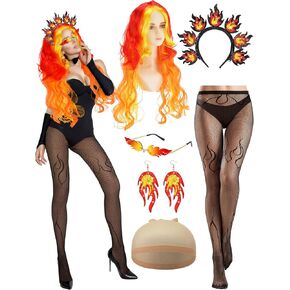 6 Pcs Women Fire Costume Orange Wigs Fire Headband Orange Glasses Flame Earrings Flame Fishnet Tights Halloween Costumes Accessories for Women in Kuwait