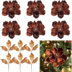 12 Pcs Christmas Glitter Artificial Flower Set 6 Magnolia Flower 6 Magnolia Leaves Picks Christmas Tree Wreath Decor Artificial Floral Ornaments for Xmas Party Holiday (Peacock Blue) in Saudi Arabia