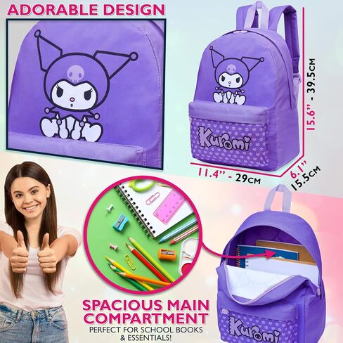 Hello Kitty Sanrio Backpack for Girls, Tweens with Zipped Front Pocket, Kawaii Backpacks for School, Travel, Gifts for Girls (Purple Kuromi) in Saudi Arabia