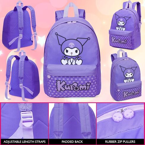 Hello Kitty Sanrio Backpack for Girls, Tweens with Zipped Front Pocket, Kawaii Backpacks for School, Travel, Gifts for Girls (Purple Kuromi) in Saudi Arabia