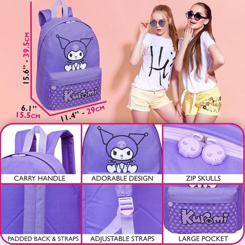 Hello Kitty Sanrio Backpack for Girls, Tweens with Zipped Front Pocket, Kawaii Backpacks for School, Travel, Gifts for Girls (Purple Kuromi) in Saudi Arabia