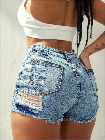 WDIRARA Women's Ripped High Waisted Denim Shorts Y2k Raw Hem Jean Shorts Streetwear in Saudi Arabia
