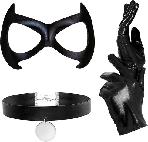 Merroyal Women Black Cat Eye Masquerade Costume Set with Half Mask, Choker, Gloves, Halloween Cosplay Party Accessories in Saudi Arabia