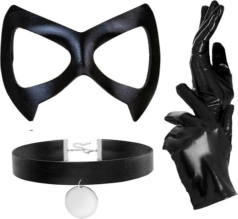 Merroyal Women Black Cat Eye Masquerade Costume Set with Half Mask, Choker, Gloves, Halloween Cosplay Party Accessories in Saudi Arabia