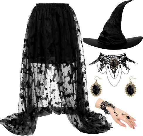 Halloween Witch Costume for Women Steampunk Lace Skirt with Hat Necklace Bracelet Earrings Cosplay Set in Saudi Arabia