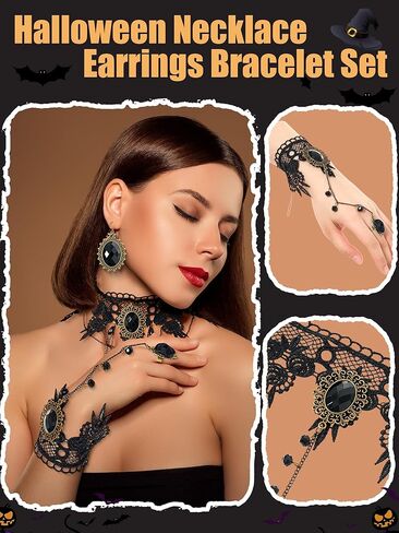 Halloween Witch Costume for Women Steampunk Lace Skirt with Hat Necklace Bracelet Earrings Cosplay Set in Saudi Arabia