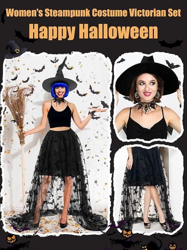 Halloween Witch Costume for Women Steampunk Lace Skirt with Hat Necklace Bracelet Earrings Cosplay Set in Saudi Arabia