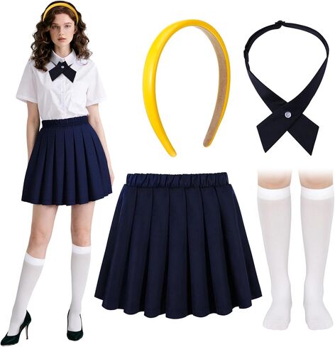 Mepase 4 Pcs Halloween School Girls Costume Set Yellow Headband Cross Bow Ties Pleated Skirt and Calf Socks for Adult Women Halloween Cosplay Outfit Dress up Party Favor in Saudi Arabia