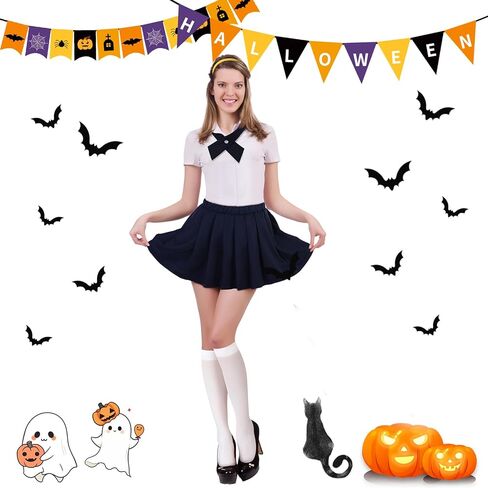 Mepase 4 Pcs Halloween School Girls Costume Set Yellow Headband Cross Bow Ties Pleated Skirt and Calf Socks for Adult Women Halloween Cosplay Outfit Dress up Party Favor in Saudi Arabia