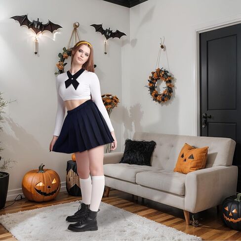 Mepase 4 Pcs Halloween School Girls Costume Set Yellow Headband Cross Bow Ties Pleated Skirt and Calf Socks for Adult Women Halloween Cosplay Outfit Dress up Party Favor in Saudi Arabia