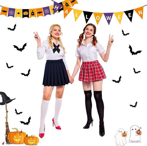 Mepase 4 Pcs Halloween School Girls Costume Set Yellow Headband Cross Bow Ties Pleated Skirt and Calf Socks for Adult Women Halloween Cosplay Outfit Dress up Party Favor in Saudi Arabia