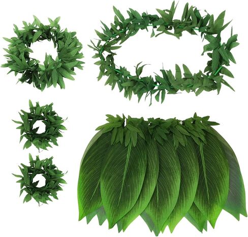 Semato 5 Pcs Hawaiian Leaf Skirt Set for Luau Party Garland Leis Headband Bracelets Halloween Costume Hawaiian Party Supplies in Saudi Arabia