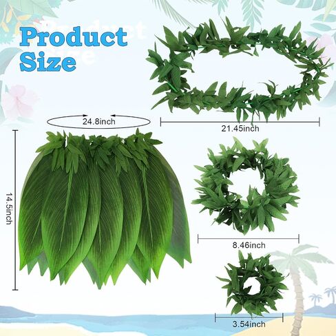 Semato 5 Pcs Hawaiian Leaf Skirt Set for Luau Party Garland Leis Headband Bracelets Halloween Costume Hawaiian Party Supplies in Saudi Arabia