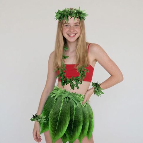 Semato 5 Pcs Hawaiian Leaf Skirt Set for Luau Party Garland Leis Headband Bracelets Halloween Costume Hawaiian Party Supplies in Saudi Arabia