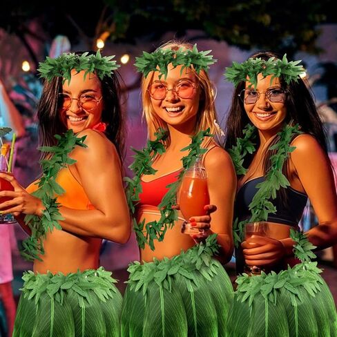 Semato 5 Pcs Hawaiian Leaf Skirt Set for Luau Party Garland Leis Headband Bracelets Halloween Costume Hawaiian Party Supplies in Saudi Arabia