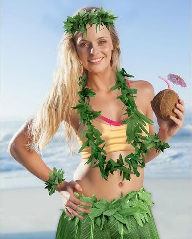 Semato 5 Pcs Hawaiian Leaf Skirt Set for Luau Party Garland Leis Headband Bracelets Halloween Costume Hawaiian Party Supplies in Saudi Arabia