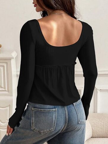 BAIGRAM Women Cute Ruffle Peplum Babydoll Crop Tops Y2K Long Sleeve Button Up Picot Trim Square Neck Tshirt Fall Going Out in Kuwait