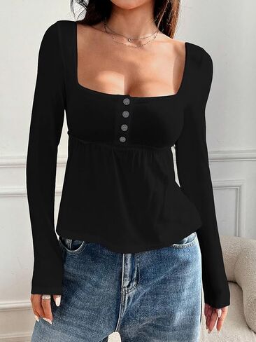 BAIGRAM Women Cute Ruffle Peplum Babydoll Crop Tops Y2K Long Sleeve Button Up Picot Trim Square Neck Tshirt Fall Going Out in Kuwait