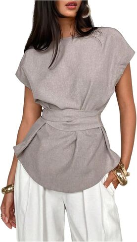MakeMeChic Women's Belted Short Sleeve Blouse Crew Neck Loose Summer Elegant Office Shirt in Kuwait