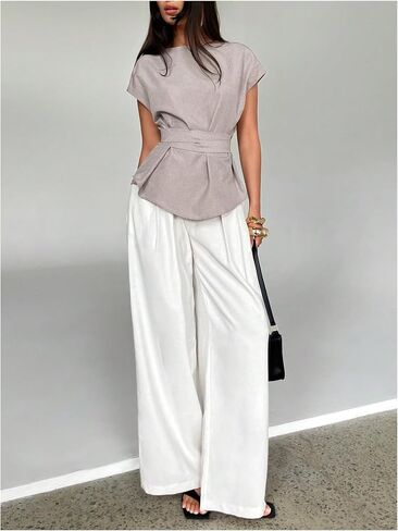 MakeMeChic Women's Belted Short Sleeve Blouse Crew Neck Loose Summer Elegant Office Shirt in Kuwait