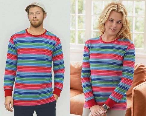 Adult Fun Colorful Costume Creepy Rainbow Striped Multicolored Tee Casual Long Sleeve Shirt for Unisex in Saudi Arabia