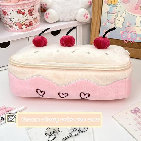 Pink Plush Cherry Cake Pen Bag, Cute Pencil Pouch Stationery Storage Box Kawaii Big Capacity Case Box Pen Holder Lead Pencil Organizer Supplies Pencil Case, Cosmetic Bag (Cherry pencil case) in Saudi Arabia