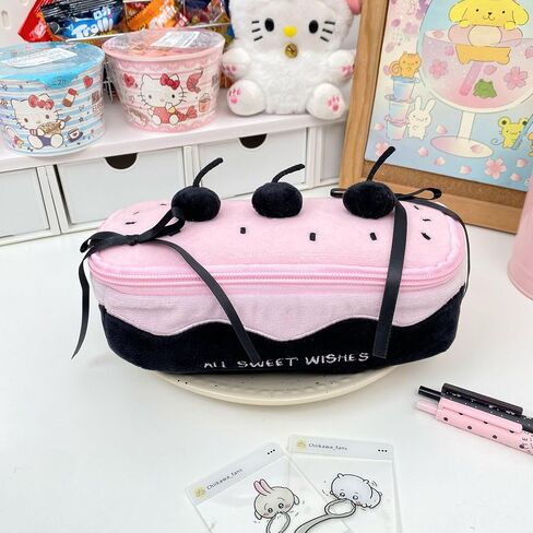 Pink Plush Cherry Cake Pen Bag, Cute Pencil Pouch Stationery Storage Box Kawaii Big Capacity Case Box Pen Holder Lead Pencil Organizer Supplies Pencil Case, Cosmetic Bag (Cherry pencil case) in Saudi Arabia