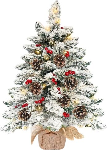 Realistic-Feel PE Tabletop Christmas Tree with Timer, Norfolk Pine Tree Bristle Classics Branches, 30 Warm Lights, 56 Red Berry 8 Pincones, Artificial Mini Small Xmas Tree Table Home Indoor, 22 Inch in Kuwait