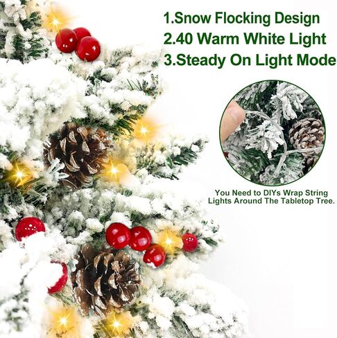 Realistic-Feel PE Tabletop Christmas Tree with Timer, Norfolk Pine Tree Bristle Classics Branches, 30 Warm Lights, 56 Red Berry 8 Pincones, Artificial Mini Small Xmas Tree Table Home Indoor, 22 Inch in Kuwait