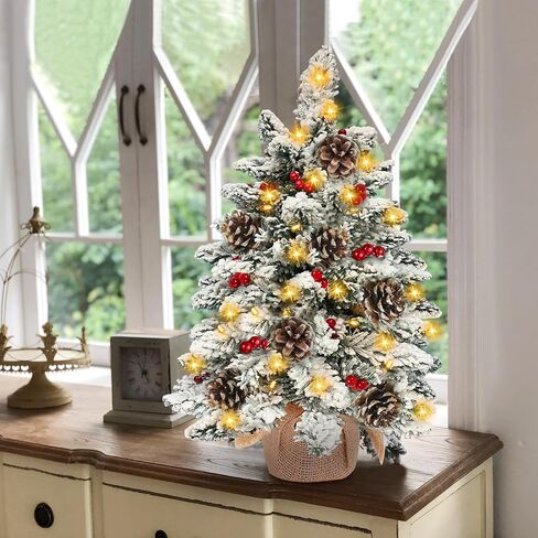 Realistic-Feel PE Tabletop Christmas Tree with Timer, Norfolk Pine Tree Bristle Classics Branches, 30 Warm Lights, 56 Red Berry 8 Pincones, Artificial Mini Small Xmas Tree Table Home Indoor, 22 Inch in Kuwait