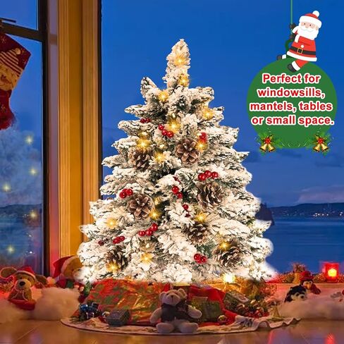 Realistic-Feel PE Tabletop Christmas Tree with Timer, Norfolk Pine Tree Bristle Classics Branches, 30 Warm Lights, 56 Red Berry 8 Pincones, Artificial Mini Small Xmas Tree Table Home Indoor, 22 Inch in Kuwait