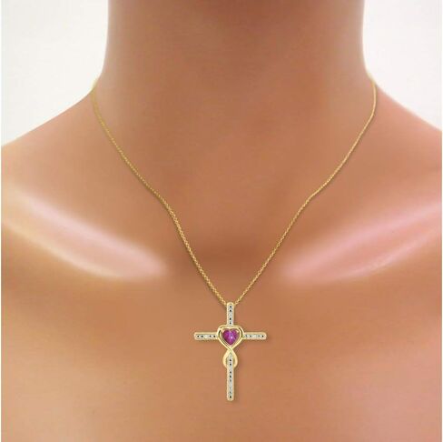 RYLOS Heart Gemstone & Diamond Cross Necklace for Women 6MM Birthstone Pendant on 18" Yellow Gold Plated Sterling Silver Chain Elegant Fine Jewelry Gift for Birthdays, Anniversaries & Mother’s Day in Saudi Arabia