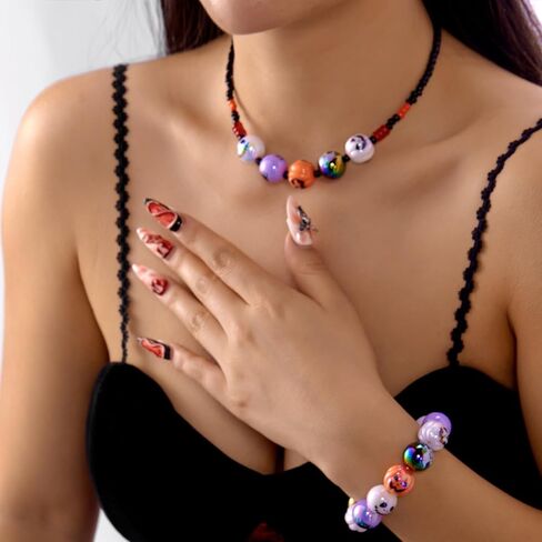 Chunky Wooden Halloween Beads Stretch Bracelets Scary Eyeball Bat Pumpkin Beaded Bracelets Horror Halloween Party Costume Cosplay Jewelry Gifts in Saudi Arabia