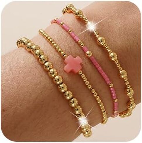 4PCS/Set Cross 14K Gold Ball Beaded Bracelets Stack for Women,Handmade Bohemian Colorful Beads Stretch Stackable Bracelets Fashion Prom Jewelry Gift in Saudi Arabia