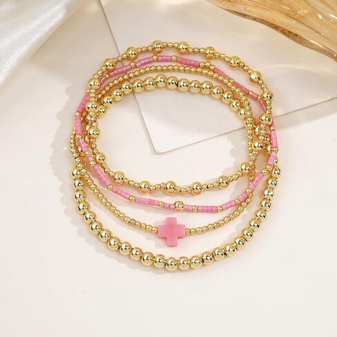 4PCS/Set Cross 14K Gold Ball Beaded Bracelets Stack for Women,Handmade Bohemian Colorful Beads Stretch Stackable Bracelets Fashion Prom Jewelry Gift in Saudi Arabia