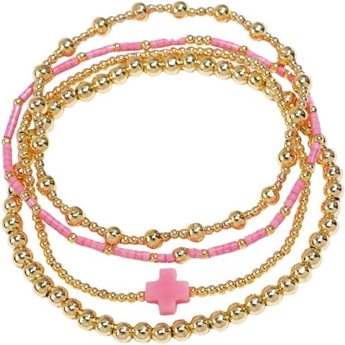 4PCS/Set Cross 14K Gold Ball Beaded Bracelets Stack for Women,Handmade Bohemian Colorful Beads Stretch Stackable Bracelets Fashion Prom Jewelry Gift in Saudi Arabia