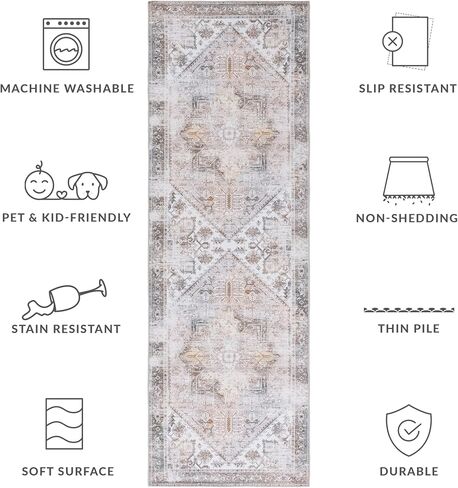 SAFAVIEH Washable Rug Tucson Collection - 2'6' x 10' Runner, Beige & Grey, Slip Resistant, Ideal for High Traffic Areas in Living Room, Hallway, Foyer, Bedroom (TSN102B-210) in Saudi Arabia