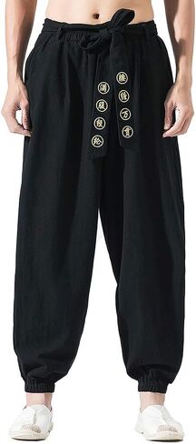 HAORUN Men Chinese Style Kung Fu Pants Tai Chi Loose Trousers Linen Casual Retro Wide Leg in Kuwait