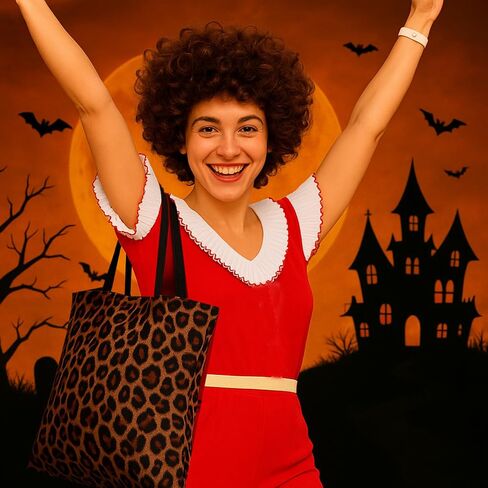 3 قطع من زي الهالوين الخمسين لعيد الميلاد، زي Kick Lady Saturday Night Skit زي الملحقات تتضمن شعر مستعار بطبعة الفهد وحقيبة كتف مع شريط كشكش أبيض وأحمر بطول 5.5 ياردة للنساء والرجال التنكرية in Kuwait