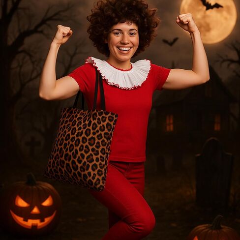 3 قطع من زي الهالوين الخمسين لعيد الميلاد، زي Kick Lady Saturday Night Skit زي الملحقات تتضمن شعر مستعار بطبعة الفهد وحقيبة كتف مع شريط كشكش أبيض وأحمر بطول 5.5 ياردة للنساء والرجال التنكرية in Kuwait